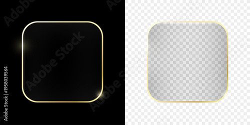 Realistic glass shiny effect gold frame isolated on black and transparent background. Modern Ui element, button. Vector PNG illustration