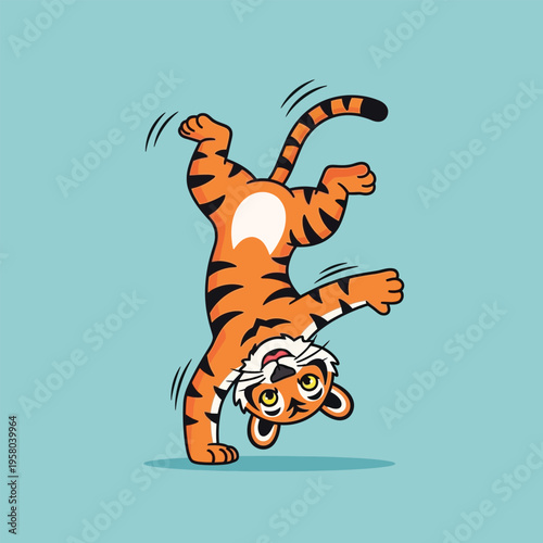 Funny Cartoon Tiger Doing a Handstand on Blue Background.