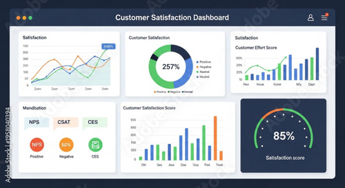 Customer satisfaction dashboard with graphs and charts on screen business analytics and metrics visualization