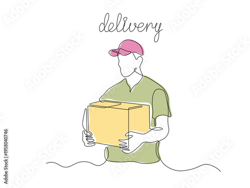 one line drawing of a delivery man in a cap holding a cardboard box, minimalist continuous line illustration on a clean white background