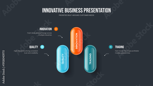 Corporate Launch 3 Step Diagram Presentation Layout. Professional Growth Three Option Infographic Frame Template. Enterprise Overview Slideshow Design Vector Illustration.