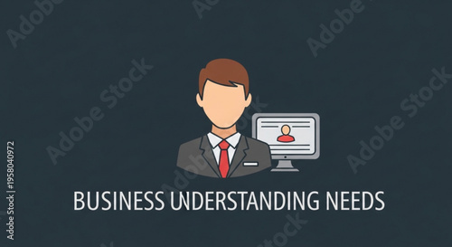 Businessman with computer understanding corporate needs concept