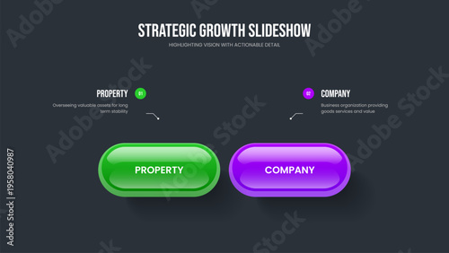 Professional Solution Two Option Diagram Slide Design. Project Insight 2 Step Infographic Frame Template. Sales Profile Slideshow Layout Vector Illustration.