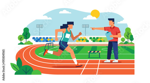 Female Athlete Running on Track with Coach Motivating Her.