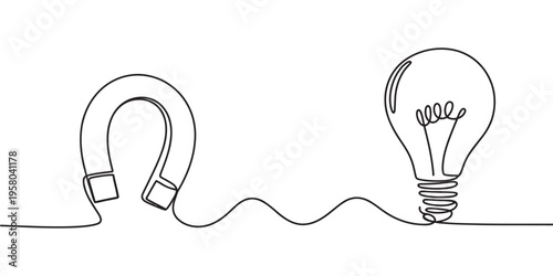 line drawing of magnet and lightbulb connected by wire