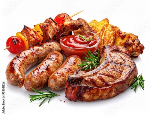 Assortment of grilled meats and sausages with ketchup and rosemary on white background.