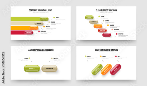 Advertising Forecast Four Five Two Three Option Diagram Presentation Layout Vector Illustration Collection. Creative Insight 4 5 2 3 Element Infographic Slideshow Design Set.