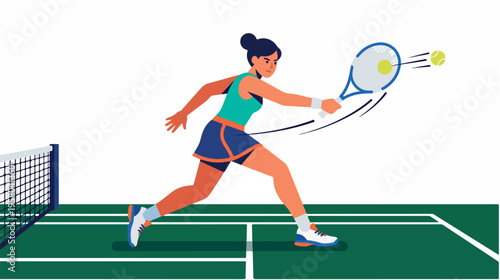 Female tennis player in action on the court hitting a forehand shot.