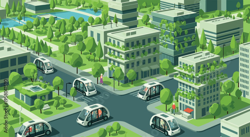 Futuristic Eco-Friendly Cityscape with Autonomous Vehicles and Green Buildings.