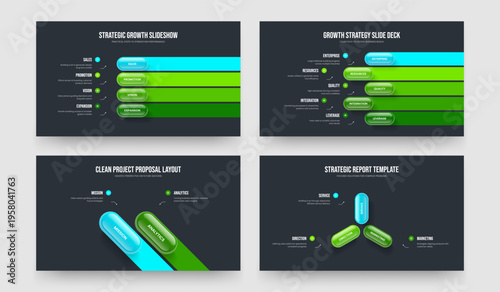 Project Review Four Five Two Three Option Infographic Slide Design Vector Illustration Set. Enterprise Visualization 4 5 2 3 Element Diagram Slideshow Template Collection.