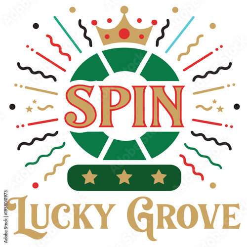 Vibrant retro style lucky spin wheel design with colorful decorative elements and crown illustration perfect for games and entertainment themes