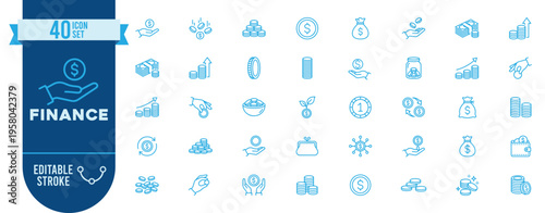 Finance icon set. Contain icons related to money, banking, savings, investment, currency, coins, budget, profit, income, financial growth, transaction, and more. Editable stroke. 