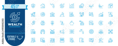 Wealth Management icon set. Contain icons related to finance, investment, savings, portfolio, banking, assets, insurance, tax, retirement, financial planning, and more. Editable stroke. 