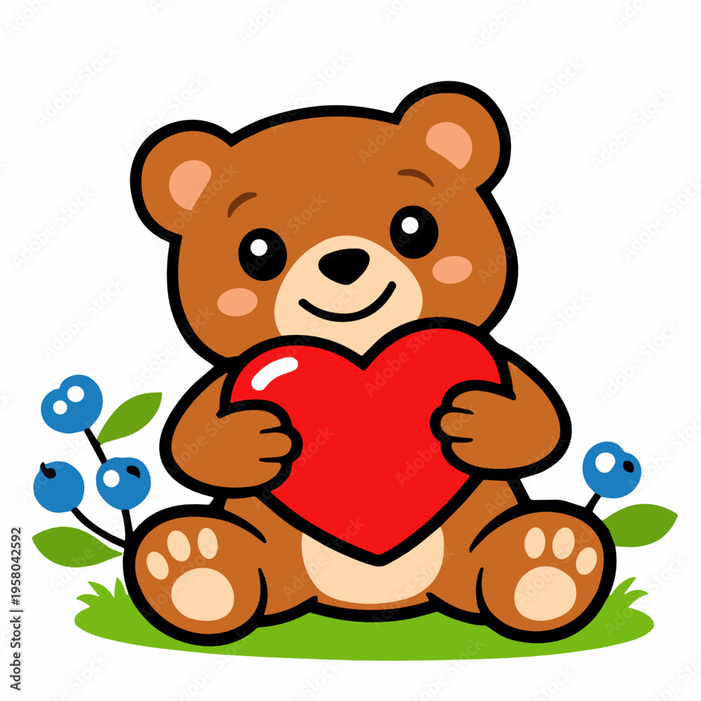 Fototapeta premium Lovely teddy bear holding a bright red heart with tiny blue flowers in a charming cartoon style. Sweet vector isolated on white for Valentine cards, nursery decor, gifts, and prints.