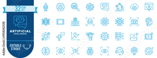 Artificial Intelligence icon set. Contain icons related to AI, machine learning, robot, neural network, deep learning, automation, chip, algorithm, smart technology, and more. Editable stroke