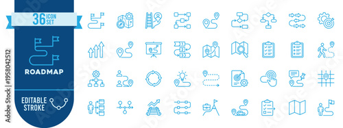 Roadmap icon set. Contain icons related to planning, strategy, journey, milestone, goal, route, timeline, progress, direction, project management, and more. Editable stroke. Vector Illustration