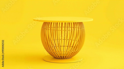 Bright yellow barrel shaped side table with textured woven base