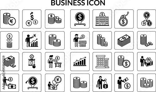 Collection of business related icons and symbols in black and white
