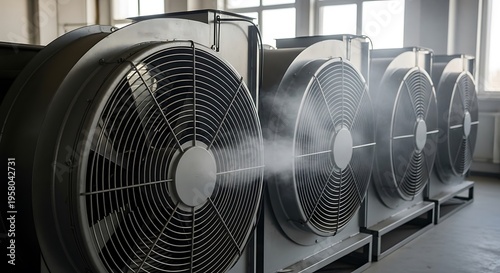 Large industrial fans emitting mist in an indoor facility