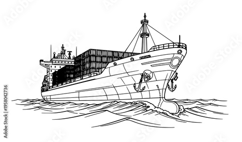 Cargo ship perspective line art coloring page detailed freighter sailing on ocean vector illustration