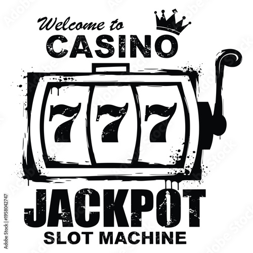Vintage style slot machine illustration with triple sevens jackpot and crown design welcoming to casino fun