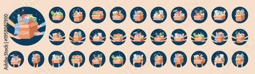 Circle charity donation gift box set with hand and help theme sticker. Human hand hold donate box as symbol of give and support. Ideal for community aid, charity sticker icon pack in warm blue orange
