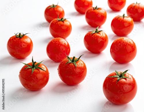 Fresh Red Cherry Tomatoes Scattered on a White Background.