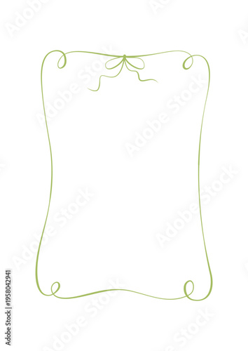 French hand drawn invitation frame with bow. Ornate decorative border as cute coquette card and invite layout. Wavy green ribbon line as simple vintage rectangle background for wedding menu, birthday