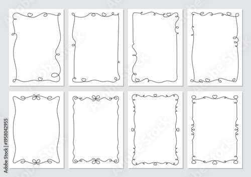 Vintage decorative frame set in simple black line on white. Romantic border collection as cute hand drawn doodle card accent. Wavy rectangle outline with bow and heart motif suits wedding invite,