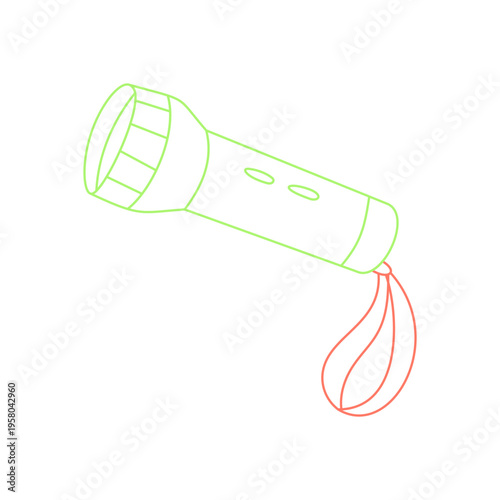 Flashlight icon in green line doodle style. Expedition equipment for outdoor adventure and camp use. Hiking and travel concept in modern sketch drawing, color accent adds unique art element.