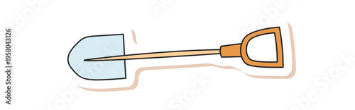 Shovel camp patch icon with doodle and color. Outdoor equipment item and adventure tool for hiking camping themes. Perfect graphic for outdoor patch art.