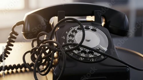 Shiny black rotary dial phone with tangled cord on a surface