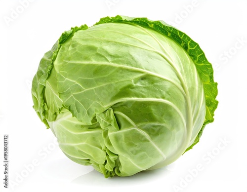 Fresh green cabbage head isolated on a white background.