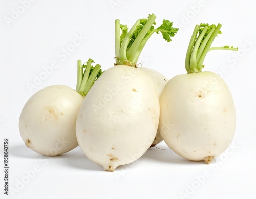 Fresh White Turnips with Green Stems on a Clean White Background.