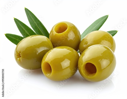 Fresh green pitted olives with leaves isolated on a white background.