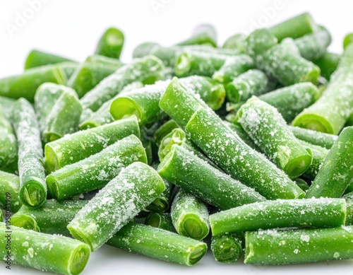 Close up of frozen green beans with ice crystals.