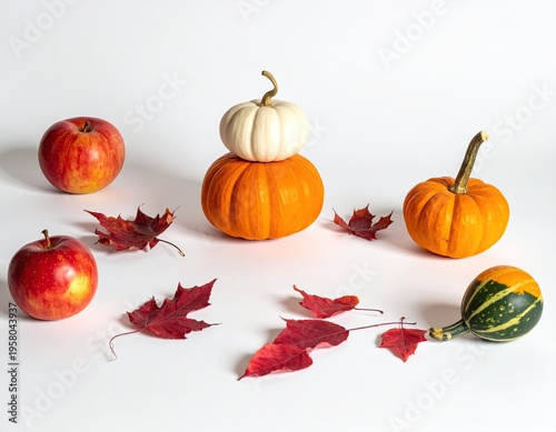 Autumn Harvest Still Life with Pumpkins, Apples, and Red Maple Leaves on White Background.