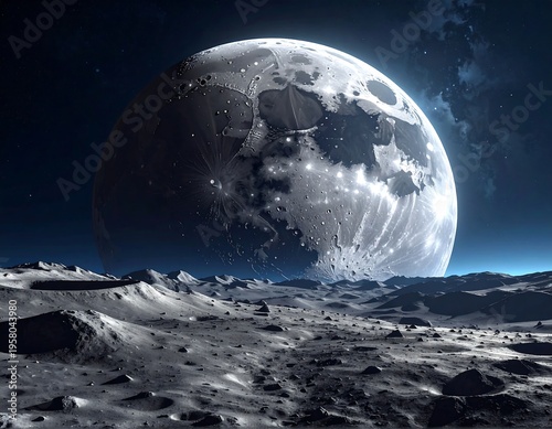 A colossal lunar sphere hangs majestically above a textured, desolate landscape. Celestial bodies subtly dot the inky, night sky