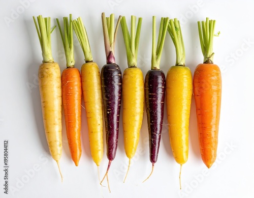 Vibrant Rainbow Carrots - A Colorful Array of Freshly Harvested Root Vegetables on a White Background.