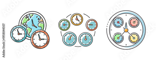 World map with multiple clocks showing different time zones, illustrating global communication and travel