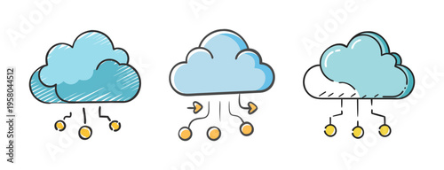 Cloud computing icons with data transfer lines, symbolizing digital storage and network connectivity