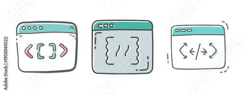 Code snippet icons in windows, showing programming code and symbols