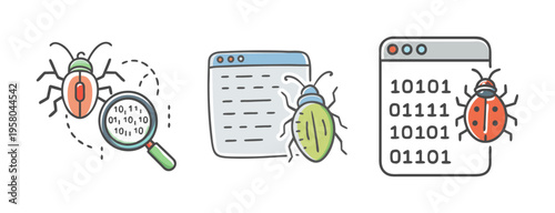 Coding bugs and debugging concepts with magnifying glass and binary code illustrations.