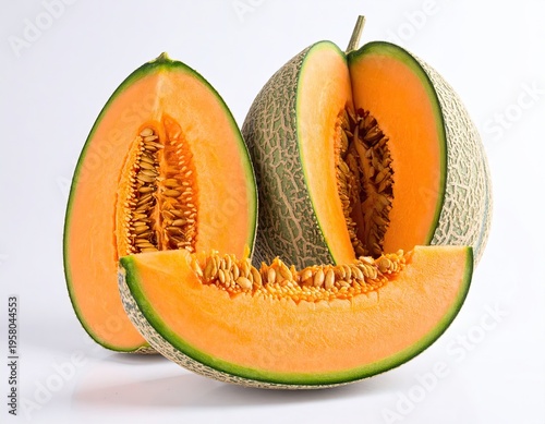 Fresh Cantaloupe Melon Sliced Open Revealing Juicy Orange Flesh and Seeds on White Background.