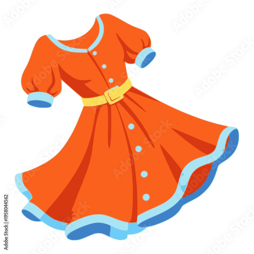 beautiful orange buttoned dress modern style flat color vector illustration template design