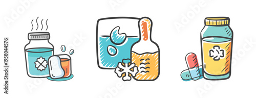 Cold medicine icons with bottles, capsules, and remedies for illness and treatment.