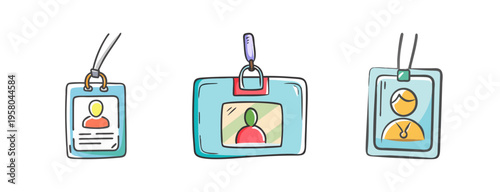 Collection of hand-drawn icons representing conference or event identification badges.