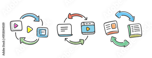 Doodle icons depicting content syndication and information flow with arrows.