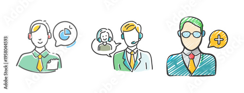 Doodle icons of consultants offering advice and support with charts and plus signs.