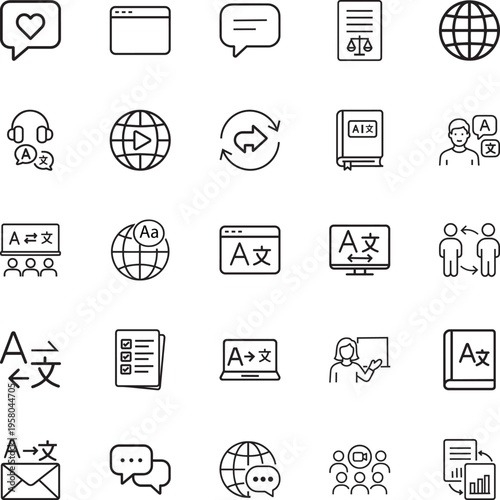 Language translation communication line vector icon set globe chat book translator